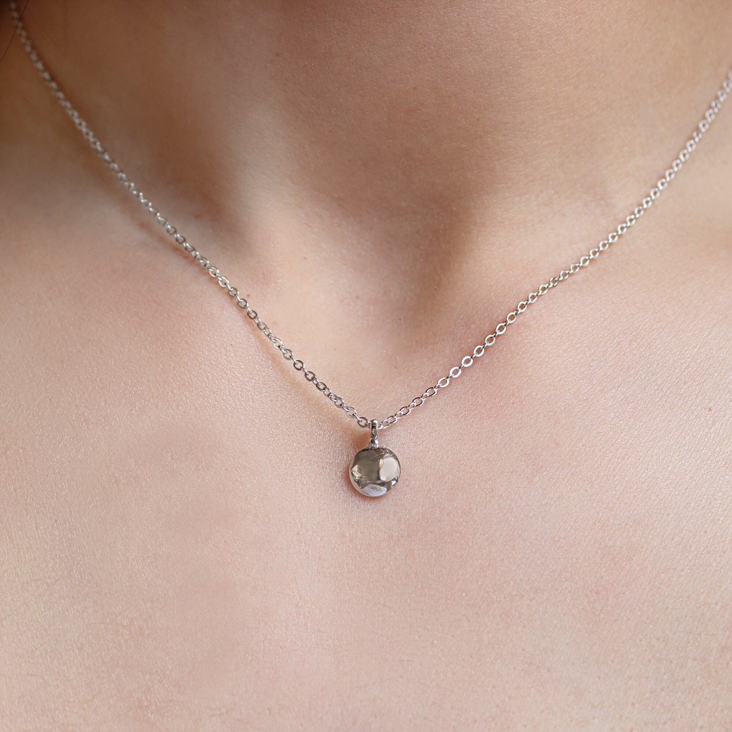 Sterling Silver or Rose Gold Plated Round Small Pebble Necklace Polished