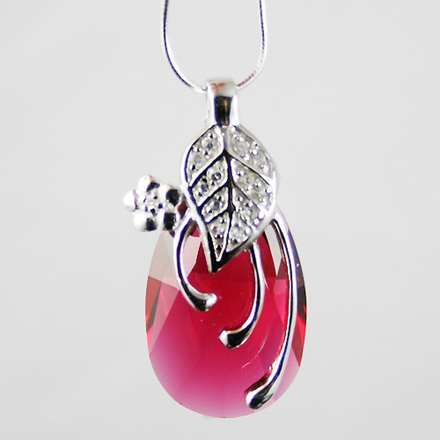 Navy Blue or Ruby Red Teardrop Crystal with Sterling Silver Leaf Detail Necklace