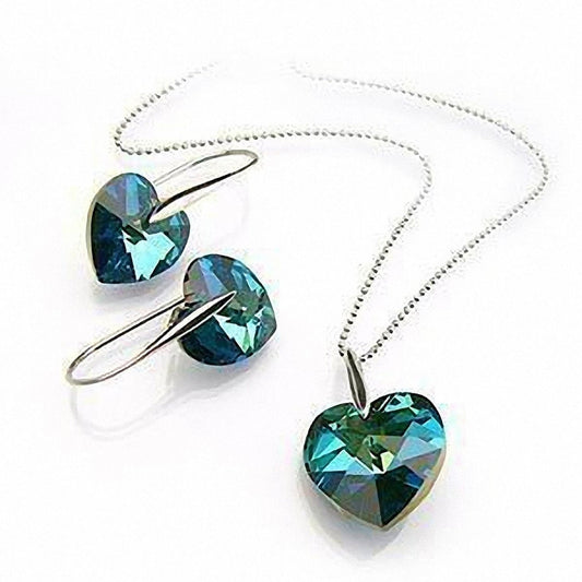 AB Blue Heart Crystal Necklace and Earrings Set