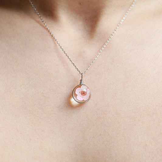 Sterling Silver Pink Pressed Plum Flower Necklace Flower Glass Globe Necklace pendant Cherry flower terrarium jewellery