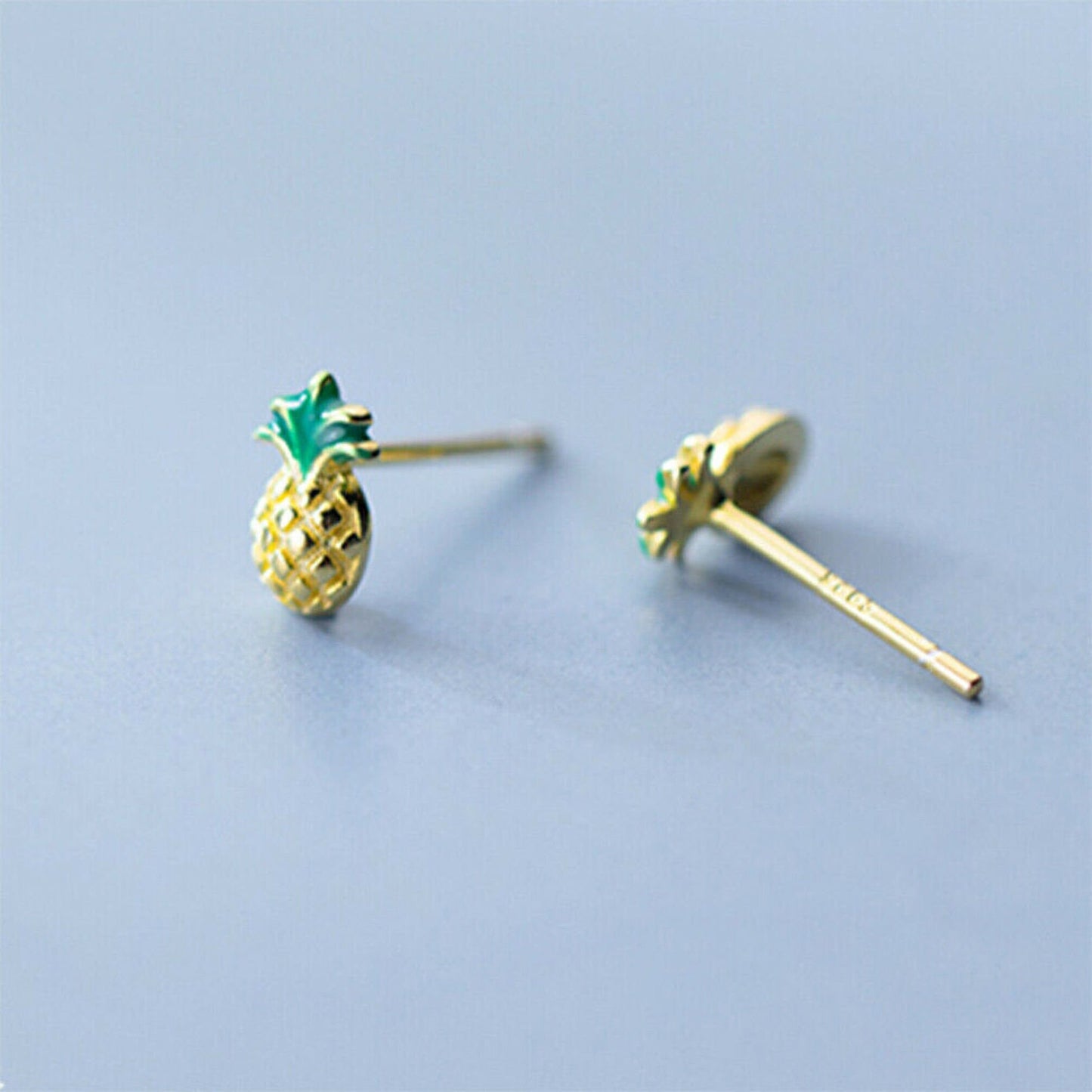 Gold Plated Yellow and Green Enamel s925 Sterling Silver Mini Pineapple Tropical Fruit Studs Earrings