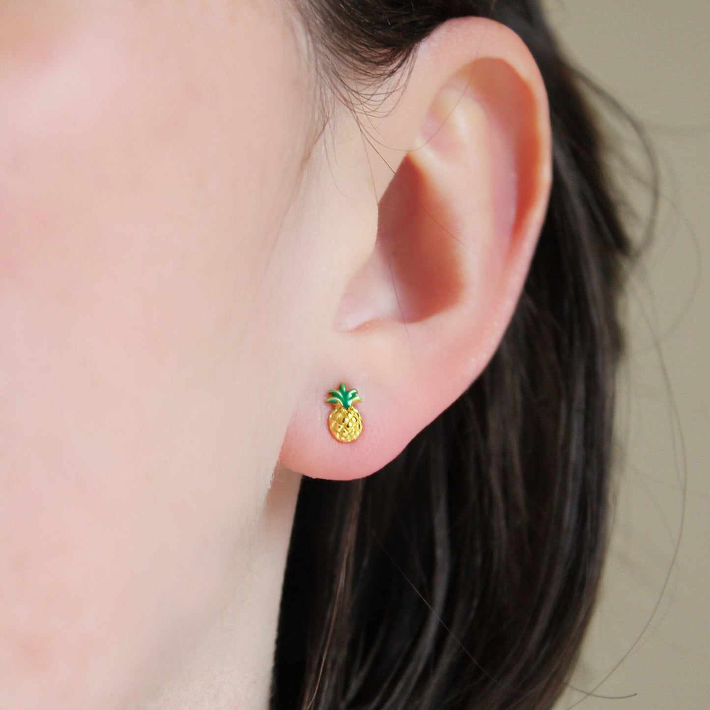 Gold Plated Yellow and Green Enamel s925 Sterling Silver Mini Pineapple Tropical Fruit Studs Earrings