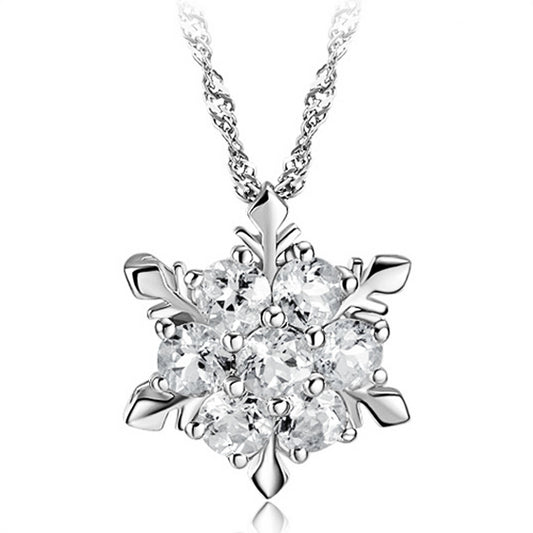 Christmas Festive Crystal Clear Frozen Snowflake 925 Silver Necklace