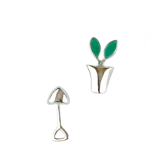 Sterling Silver Flower Plant Pot and Shovel Stud Earrings gardener earrings planting farming jewellery