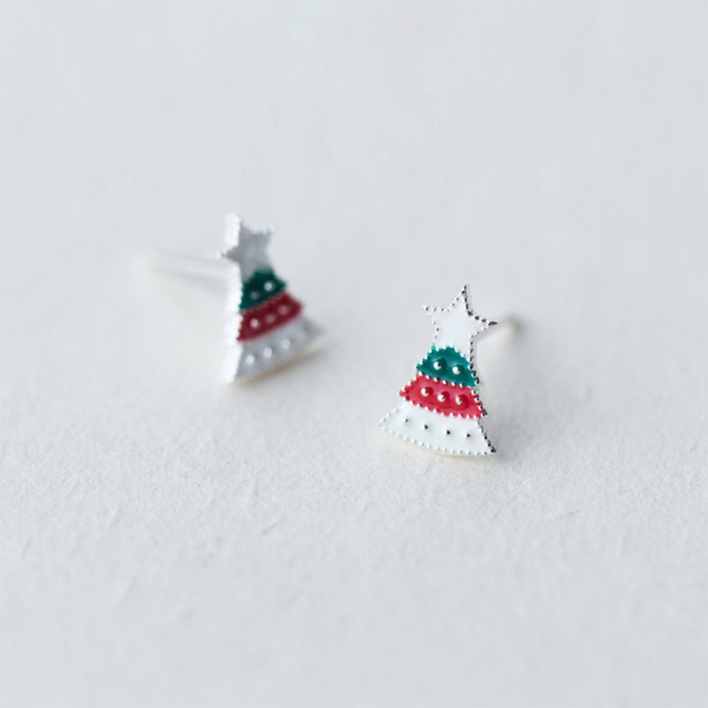 Sterling Silver and Enamel Paint Christmas Themed Stud Earrings Snowy Christmas Tree Silver Studs Snowflake Studs Reindeer