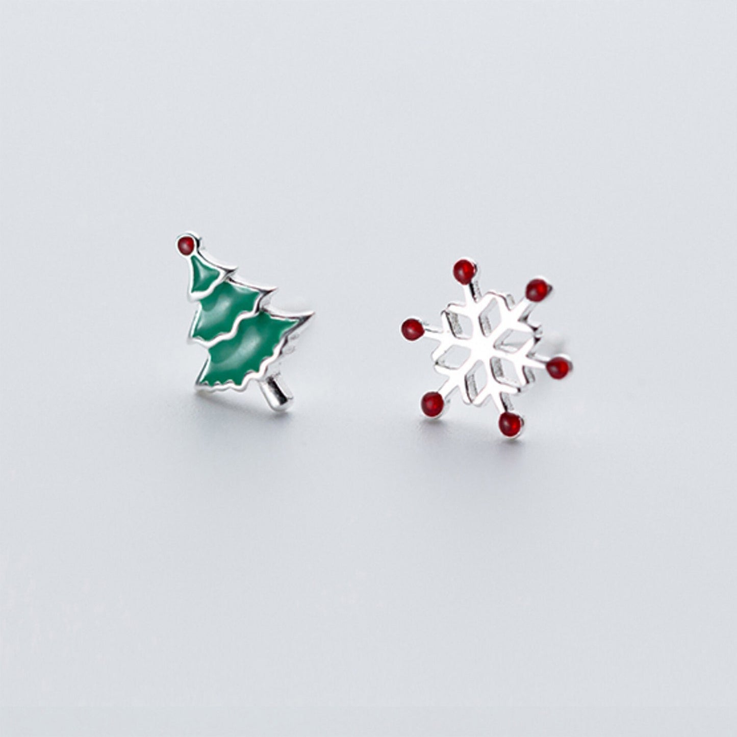 Sterling Silver and Enamel Paint Christmas Themed Stud Earrings Snowy Christmas Tree Silver Studs Snowflake Studs Reindeer