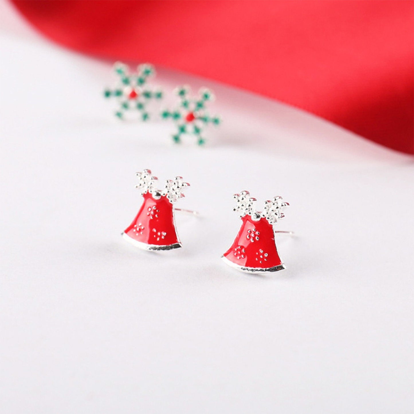 Sterling Silver and Enamel Paint Christmas Themed Stud Earrings Snowy Christmas Tree Silver Studs Snowflake Studs Reindeer