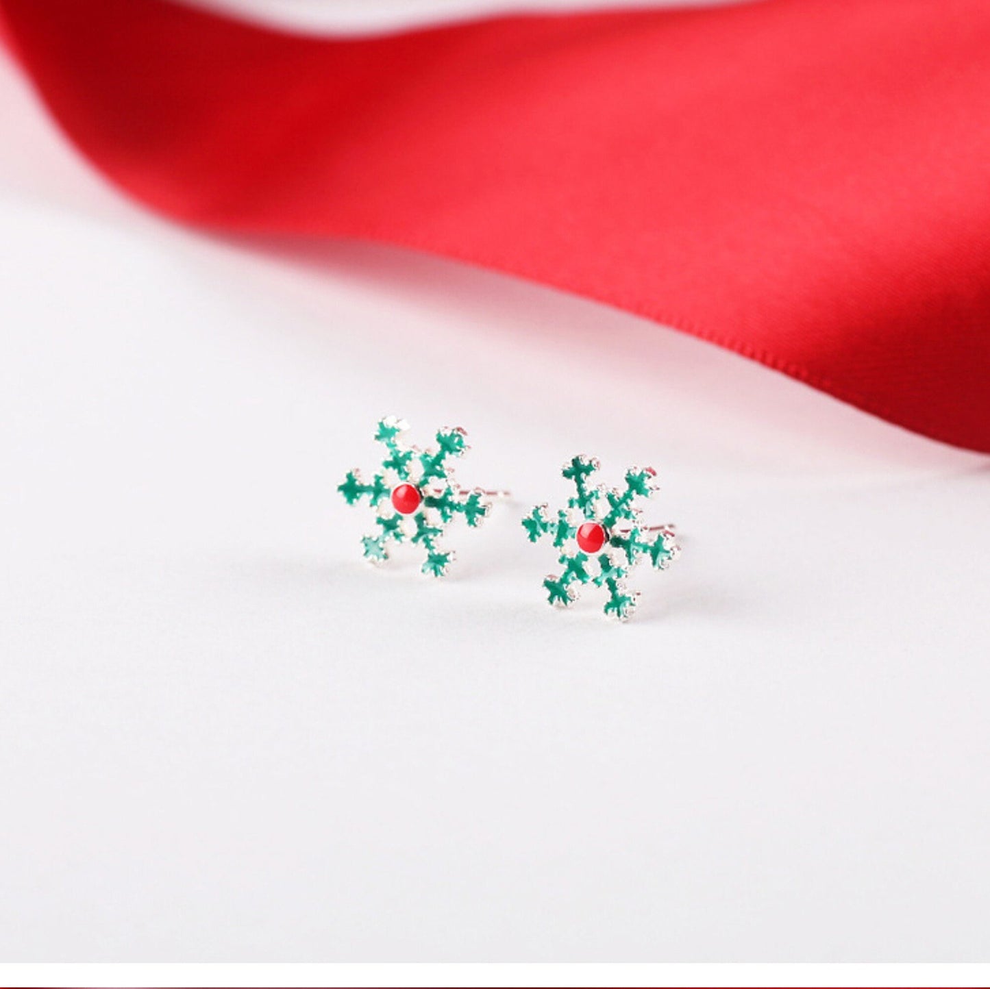 Sterling Silver and Enamel Paint Christmas Themed Stud Earrings Snowy Christmas Tree Silver Studs Snowflake Studs Reindeer