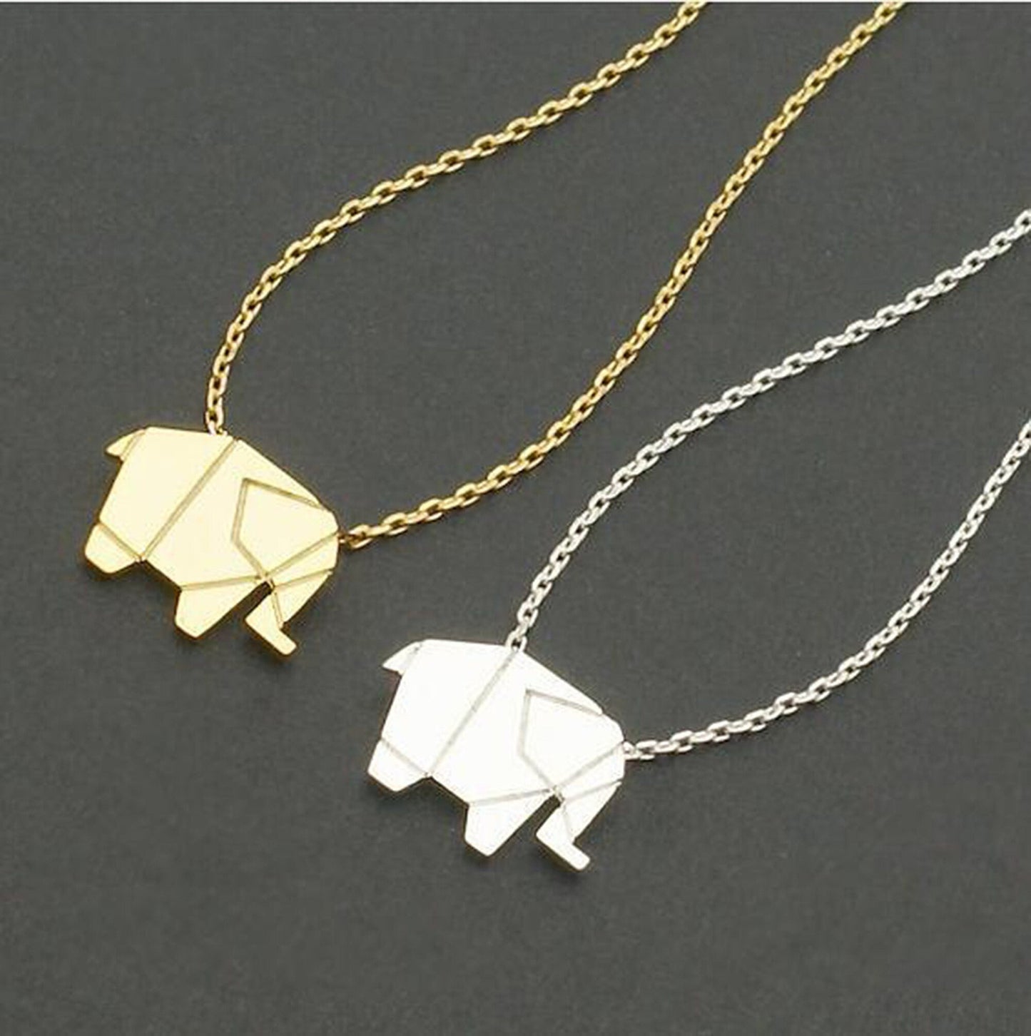 Silver or Gold Plated Origami Elephant Necklace Earrings Jewellery Set Wildlife