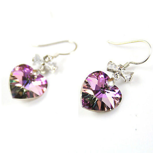 Sterling Silver Drop Earrings 14mm Love Heart Crystal Drops Purple