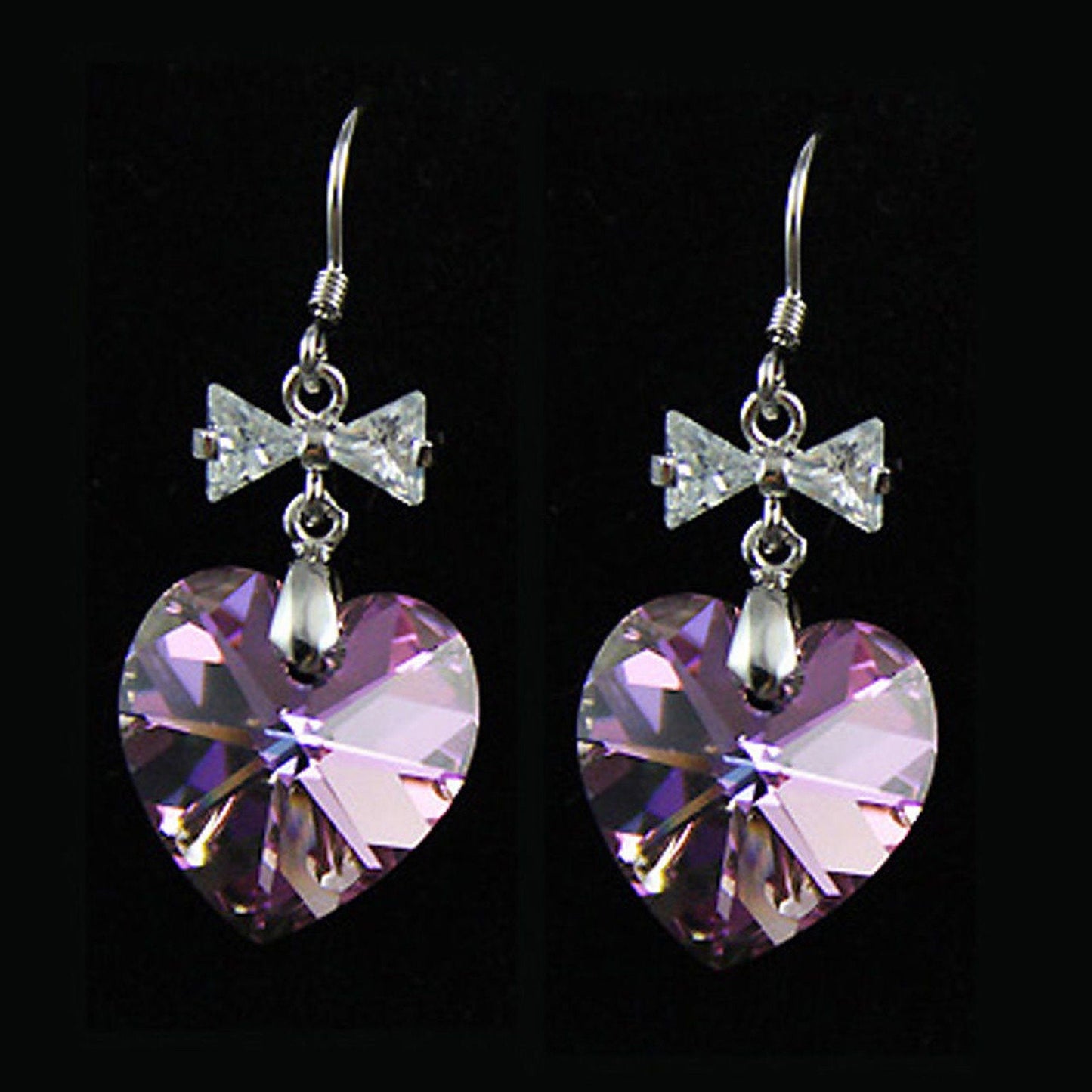 Sterling Silver Drop Earrings 14mm Love Heart Crystal Drops Purple