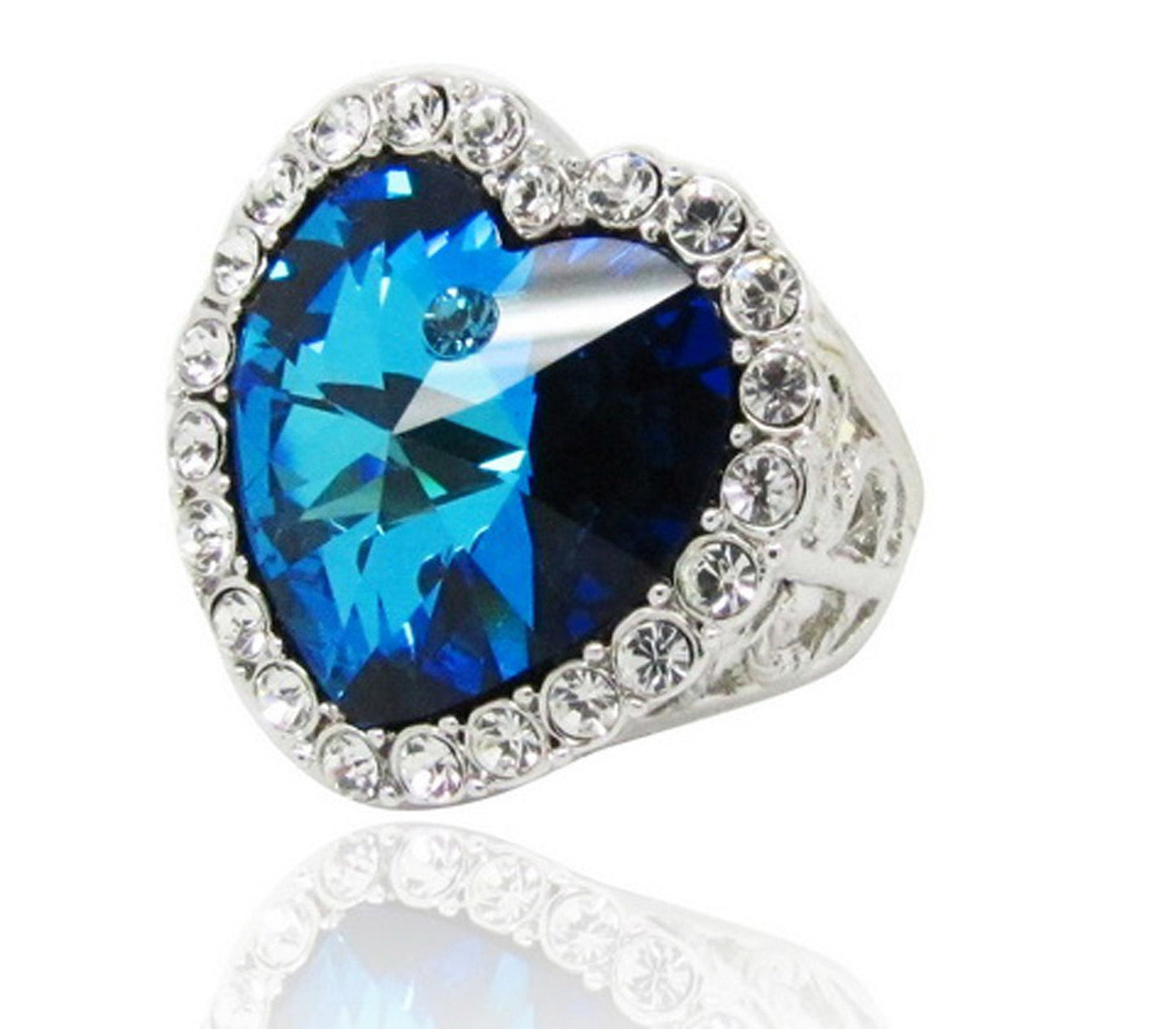 Bermuda Blue Ocean Heart Statement Ring Large AB blue crystal