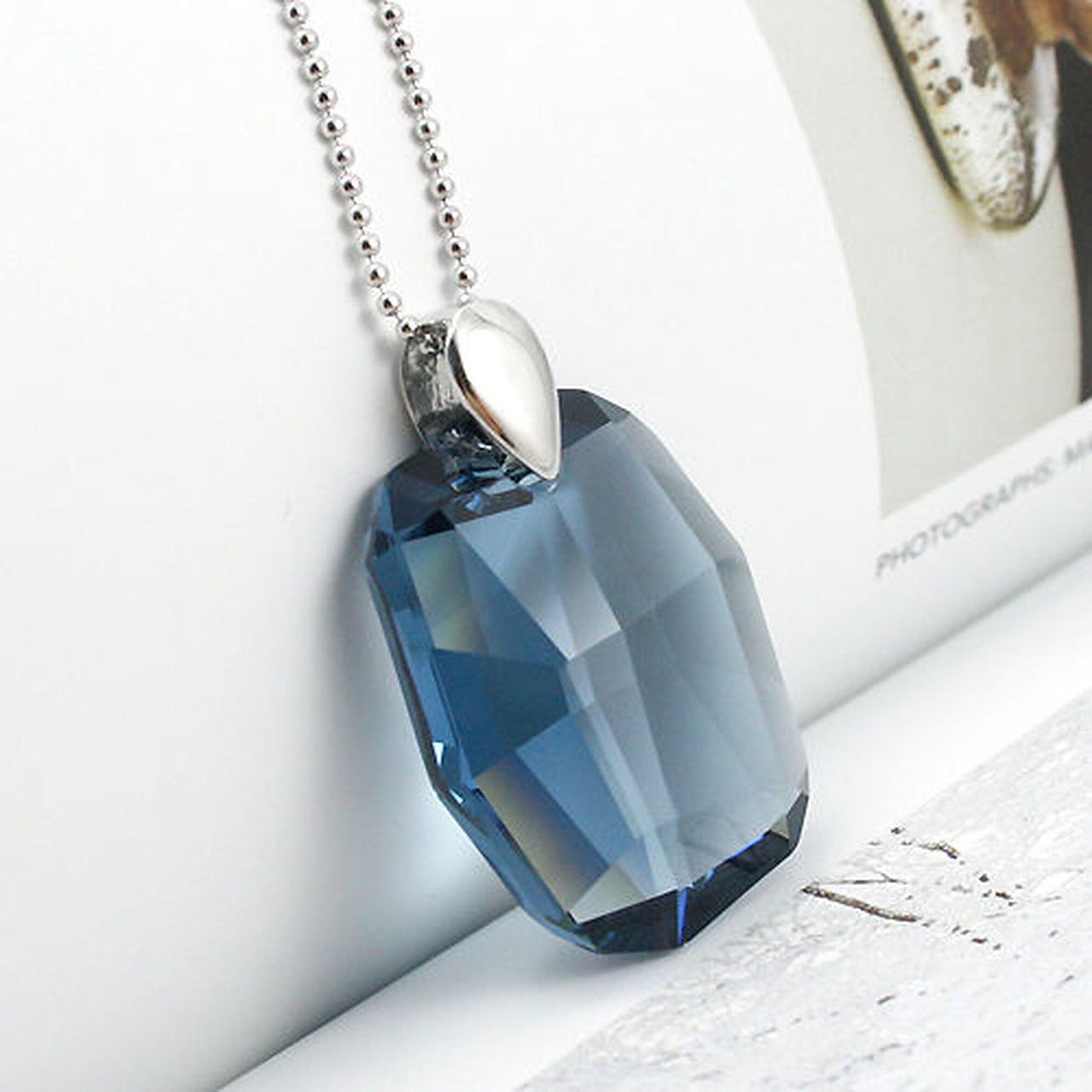 Emerald Green Dark Blue or Moonlight Clear 27mm Chunky Rectangle Crystal Silver 925 Necklace Pendant