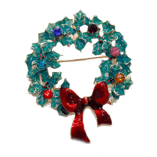 Green Christmas Tree Wreath Hand Painted Enamel  Brooch Pin Garland Red Bow