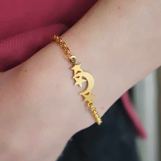 Gold Plated Stainless Steel Moon And Stars Bracelet