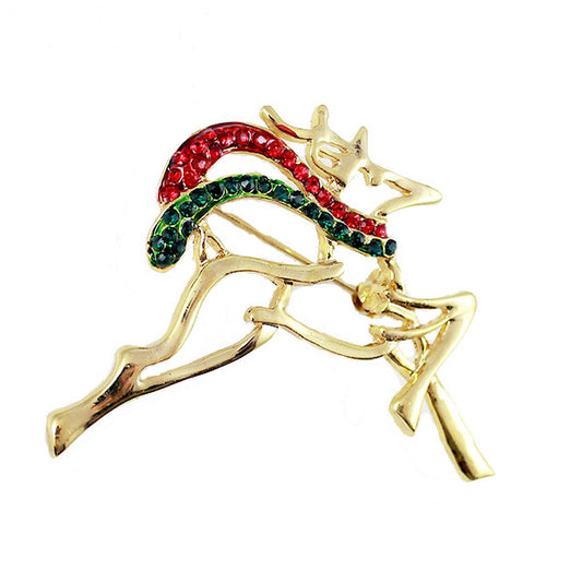 Vintage Style Festive Gold Plated Christmas Reindeer Crystal Brooch Pin