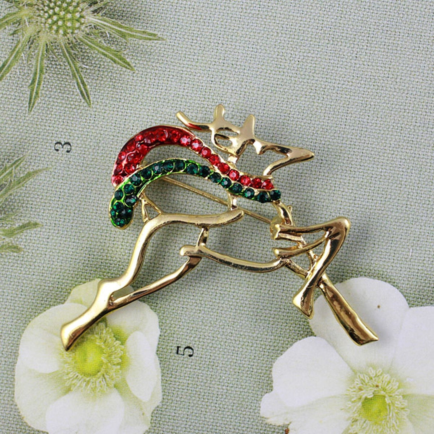 Vintage Style Festive Gold Plated Christmas Reindeer Crystal Brooch Pin