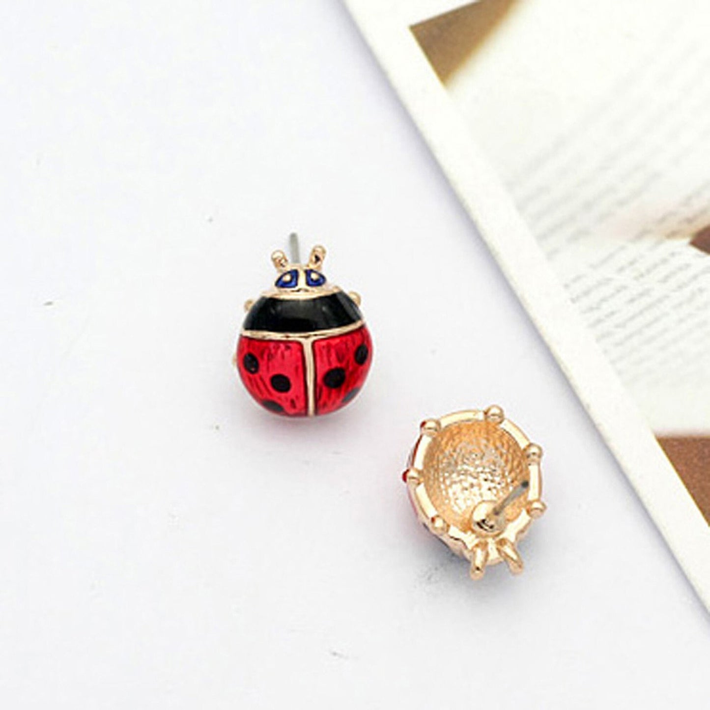 18K Gold Plated Red Enamel Ladybird Ladybug Stud Earrings beatles bug earrings
