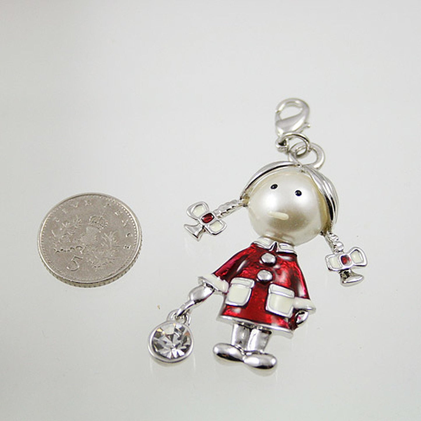 Little Girl in a Red and White Coat with Pigtails Clip-On Bracelet Charm