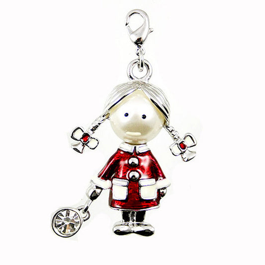 Little Girl in a Red and White Coat with Pigtails Clip-On Bracelet Charm