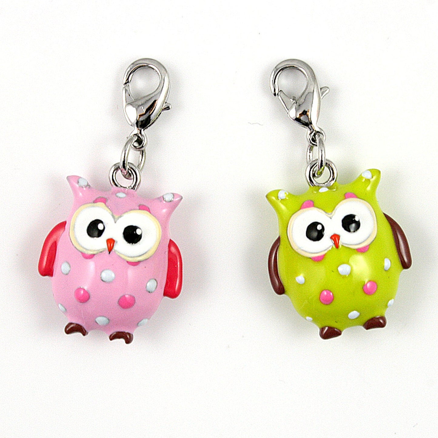 Pink and Green Spotty Owl Clip-on Bracelet Charms (1 Pair)