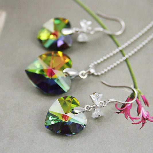 AB Green Heart Crystal Necklace and Earring Jewellery Set