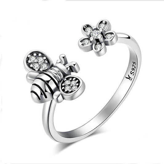 Sterling Silver Flower and Bumblebee Honey Bee Ring