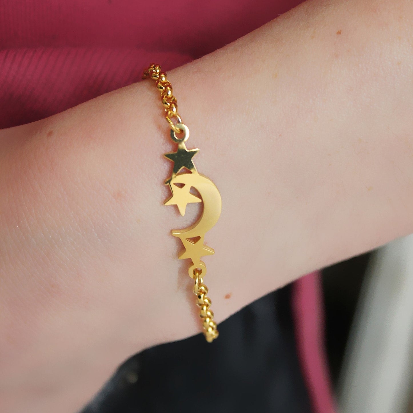 Gold Plated Stainless Steel Moon And Stars Bracelet