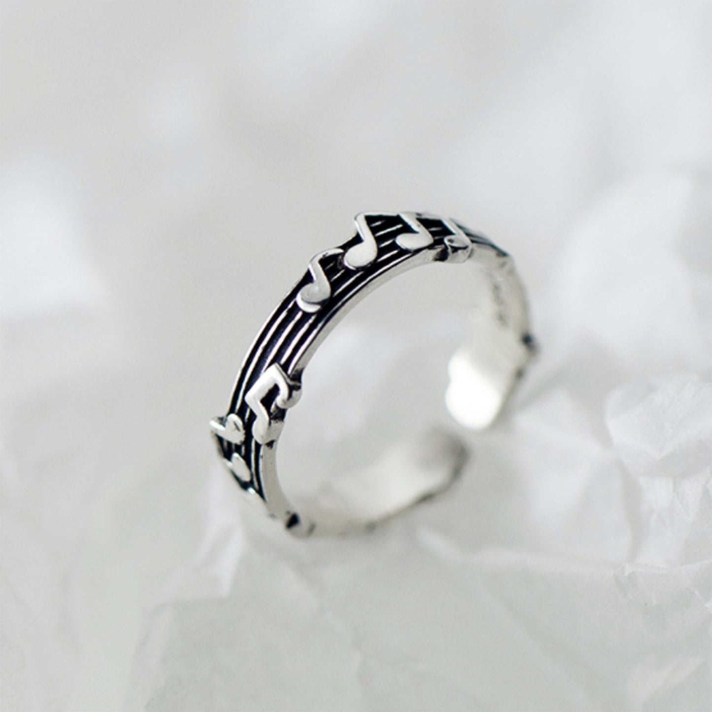 925 Sterling Silver Music Note Double Bar Open Adjustable Ring Band Music Lover