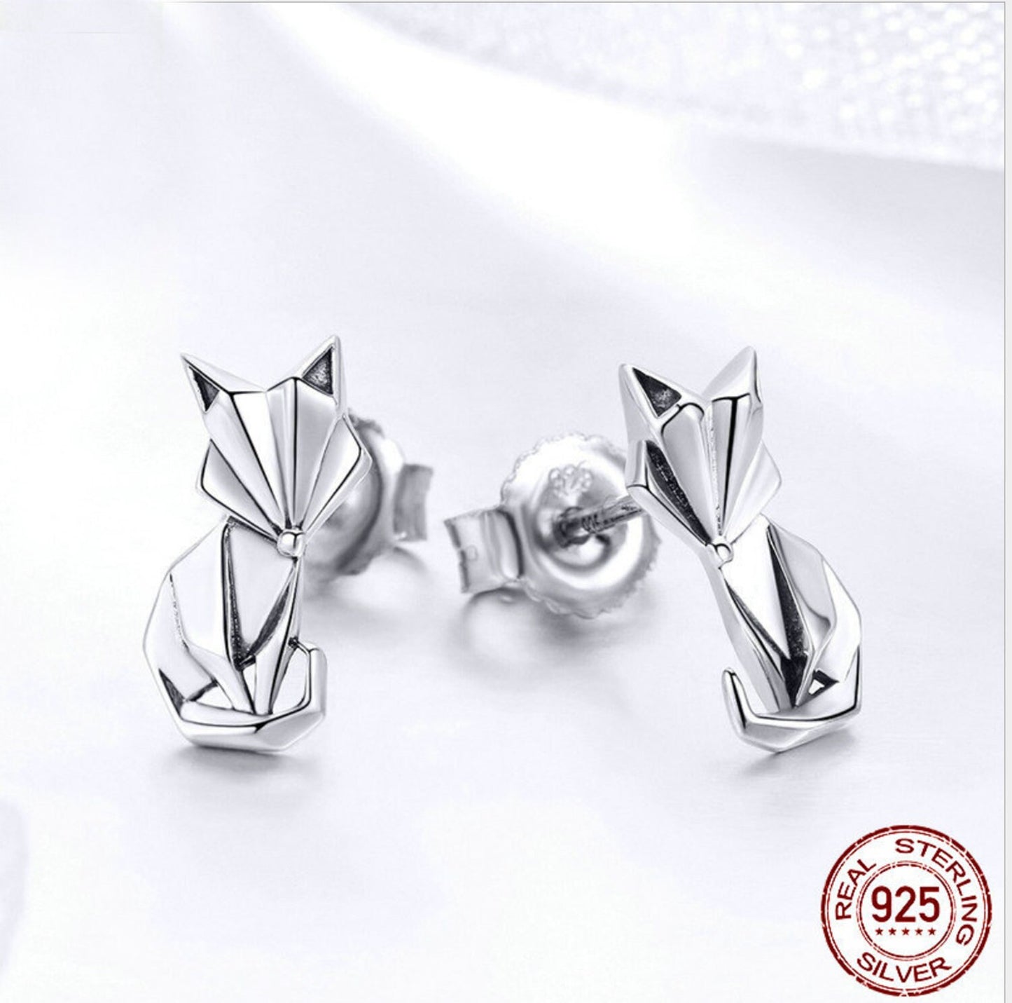 925 Sterling Silver Origami Fox Stud Earrings