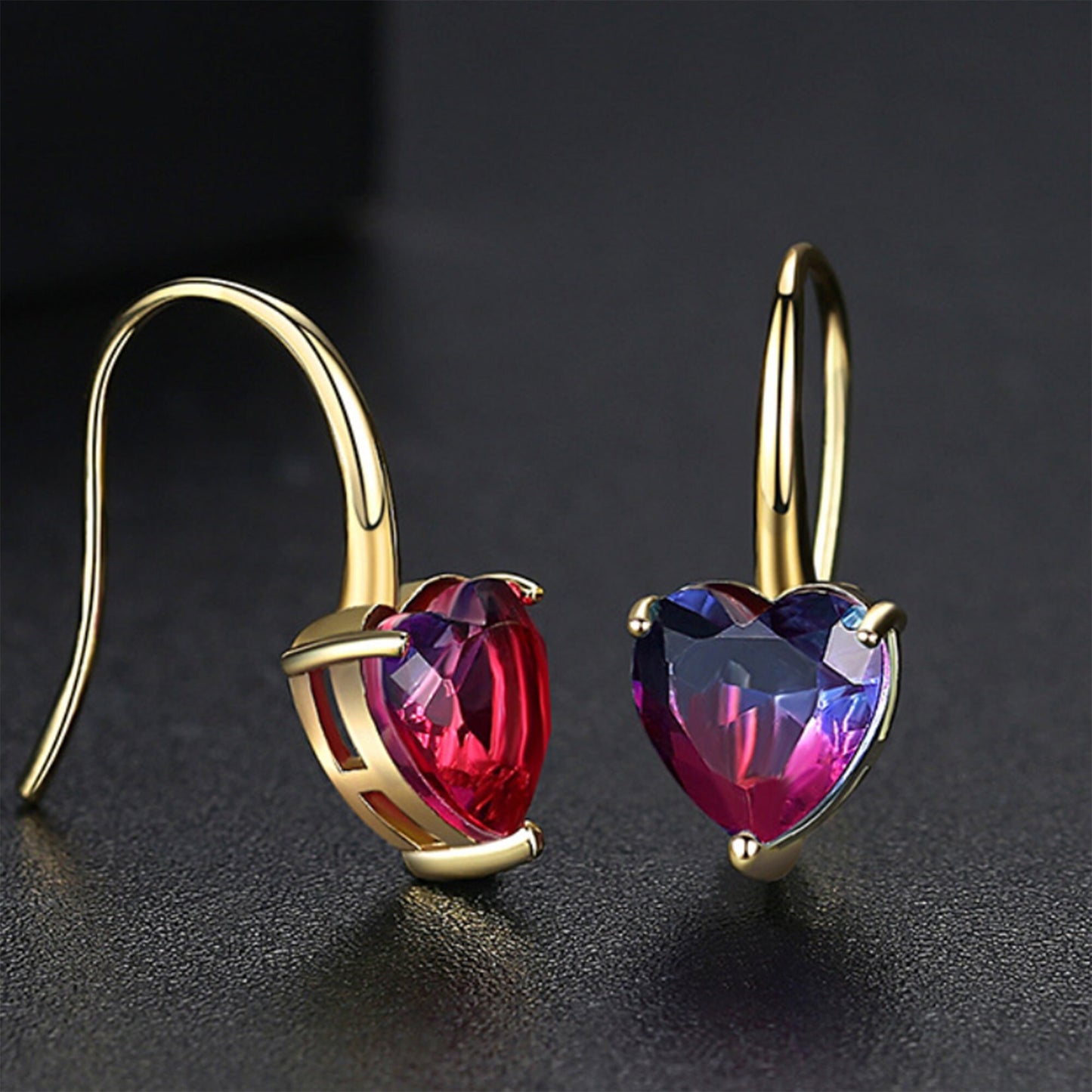 Gradient blue red heart CZ crystal drop earrings hook drops blue purple red