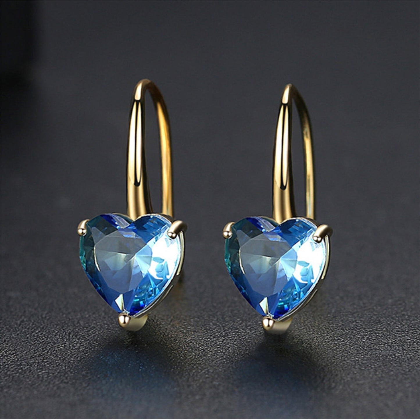 Gradient blue red heart CZ crystal drop earrings hook drops blue purple red