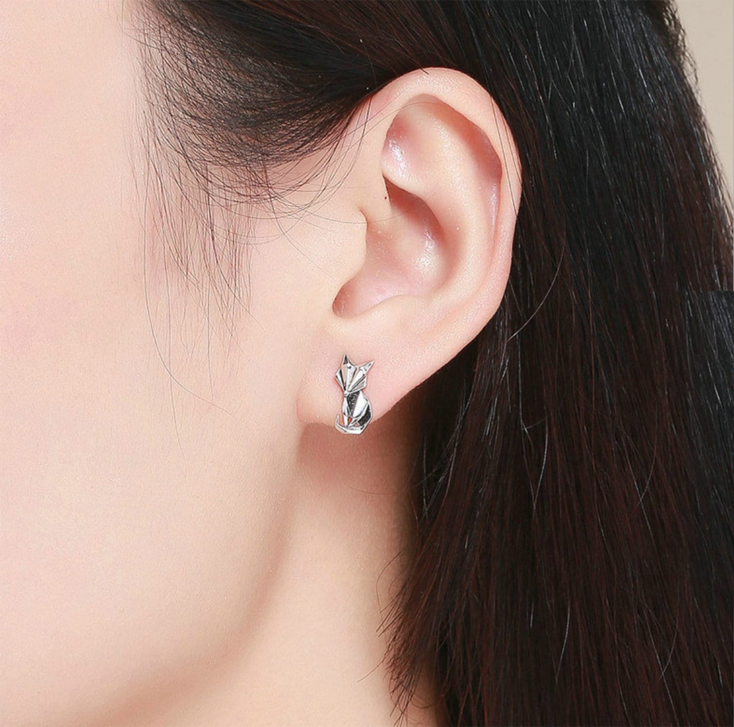 925 Sterling Silver Origami Fox Stud Earrings