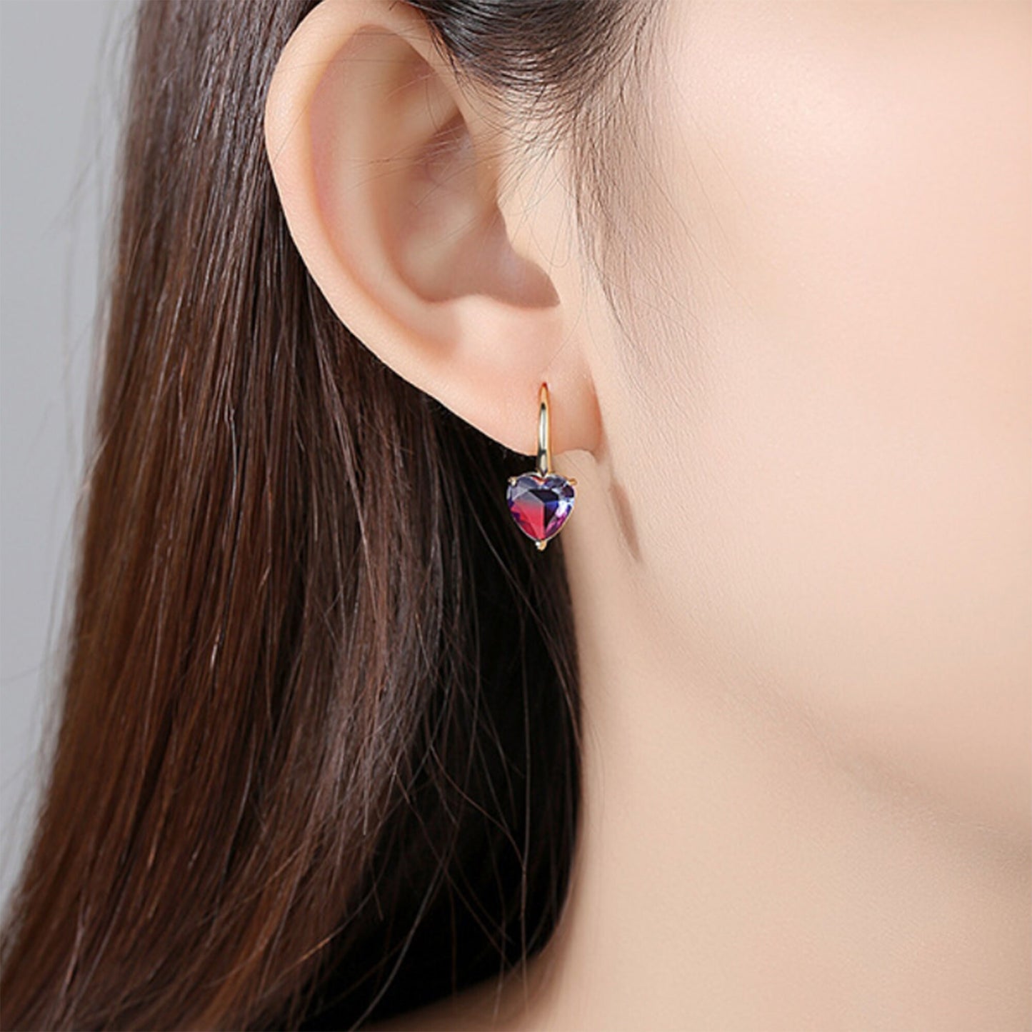 Gradient blue red heart CZ crystal drop earrings hook drops blue purple red