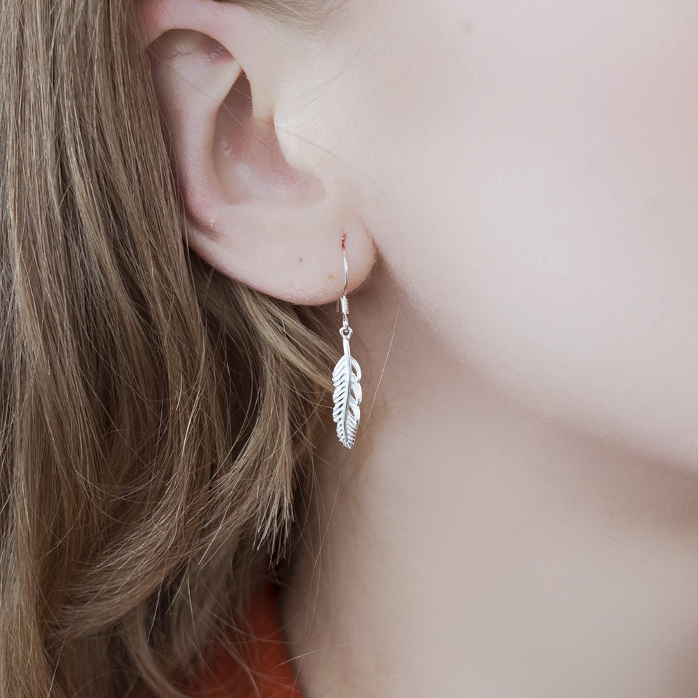 925 Sterling Silver Floating Feather Necklace Freedom Bird Feather Earrings