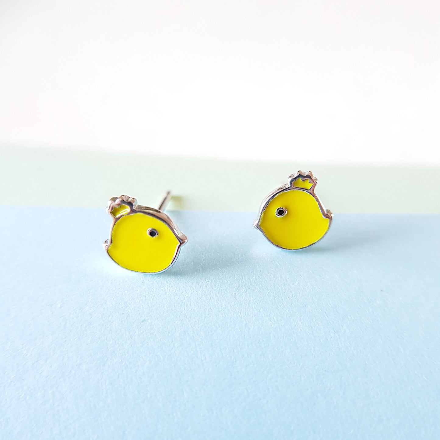 Sterling Silver Enamelled yellow spring chick Easter chick farm animal studs earrings