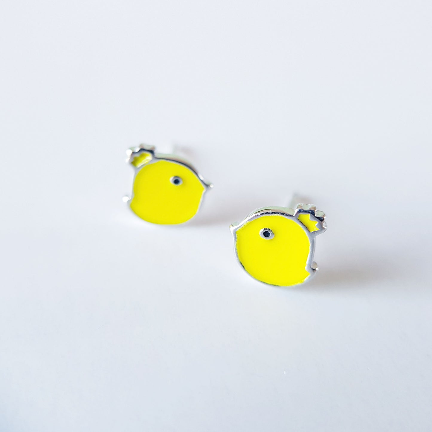 Sterling Silver Enamelled yellow spring chick Easter chick farm animal studs earrings