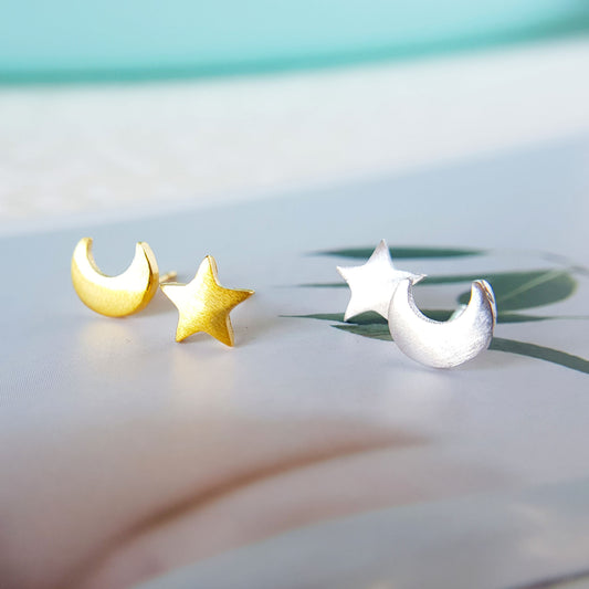 Silver or gold plated moon and star studs earrings crescent moon and star earrings