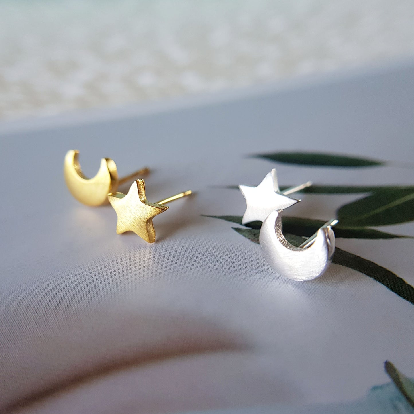 Silver or gold plated moon and star studs earrings crescent moon and star earrings