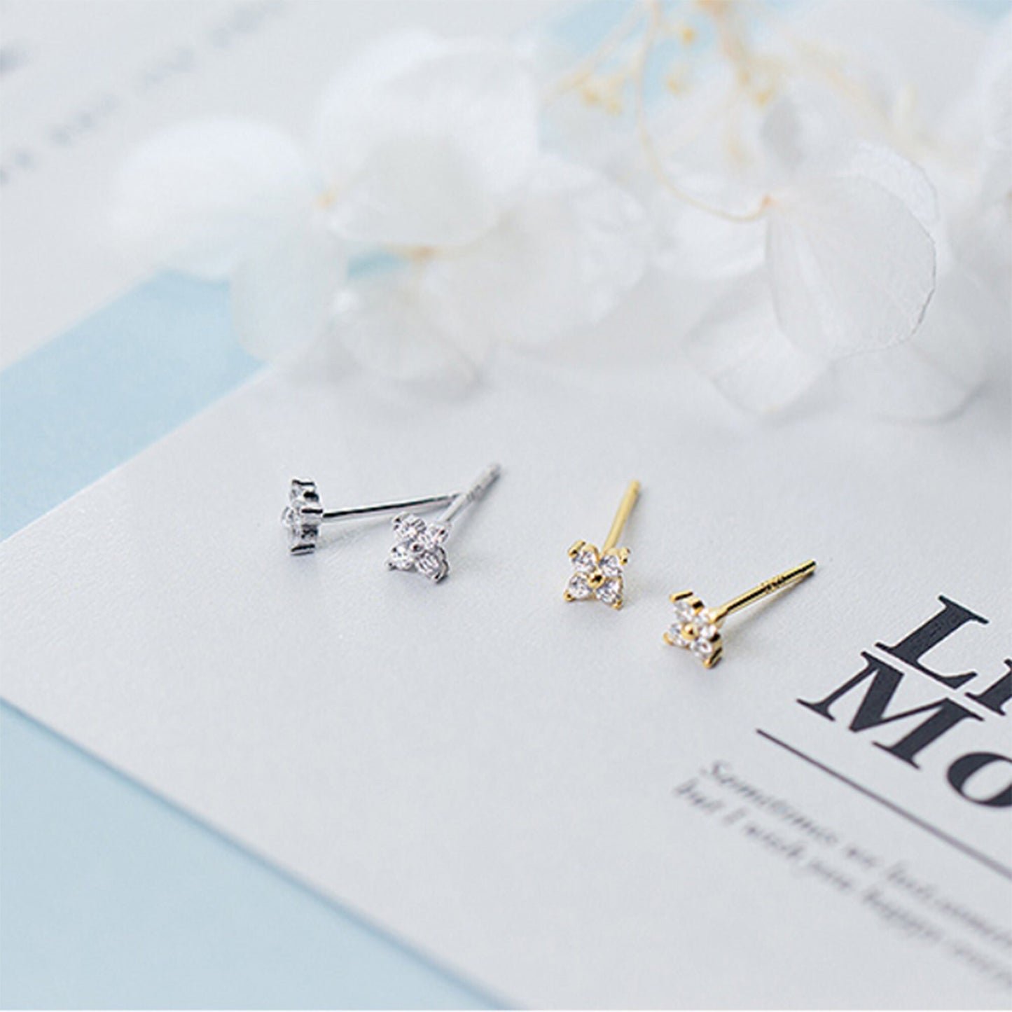 Petite Tiny Teeny Weeny Small 18k Sterling Silver Crystal Clover Flower Cross Star Studs Earrings Sleep in Seconds