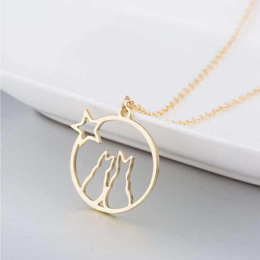 Silver or Gold Plated two cats sitting on the moon star necklace pendant cat lover animal lover