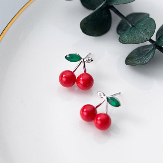 925 Sterling silver red cherry fruit earrings necklace faux pearl summer fruit cherry stud earrings green leaf silver double bunch