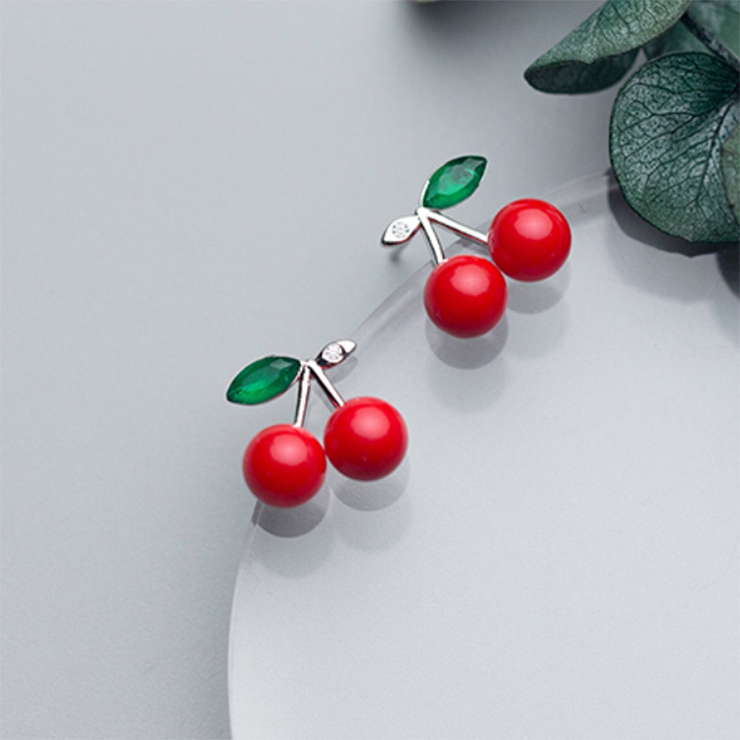 925 Sterling silver red cherry fruit earrings necklace faux pearl summer fruit cherry stud earrings green leaf silver double bunch