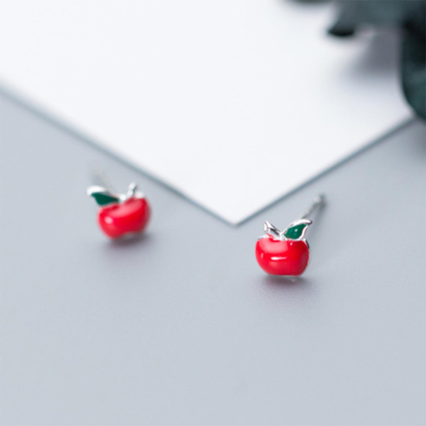 925 Sterling silver red apple fruit earrings necklace silver apple enamel stud earrings green leaf forbidden fruit