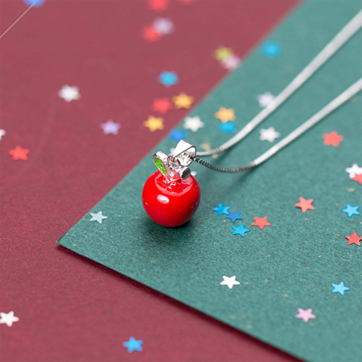 925 Sterling silver red apple fruit earrings necklace silver apple enamel stud earrings green leaf forbidden fruit