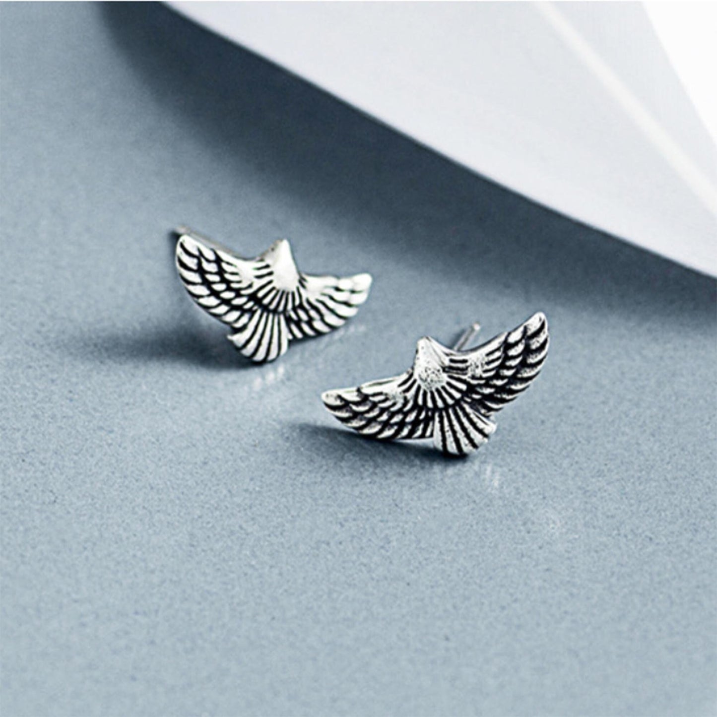 Sterling silver Flying Eagle Studs Earrings with Oxidised details Freedom Feather Bird earrings