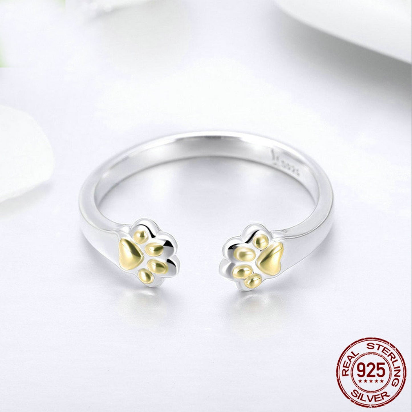 925 Sterling Silver gold plated animal Paw pawprint adjustable open ring band animal lover cat pawprint