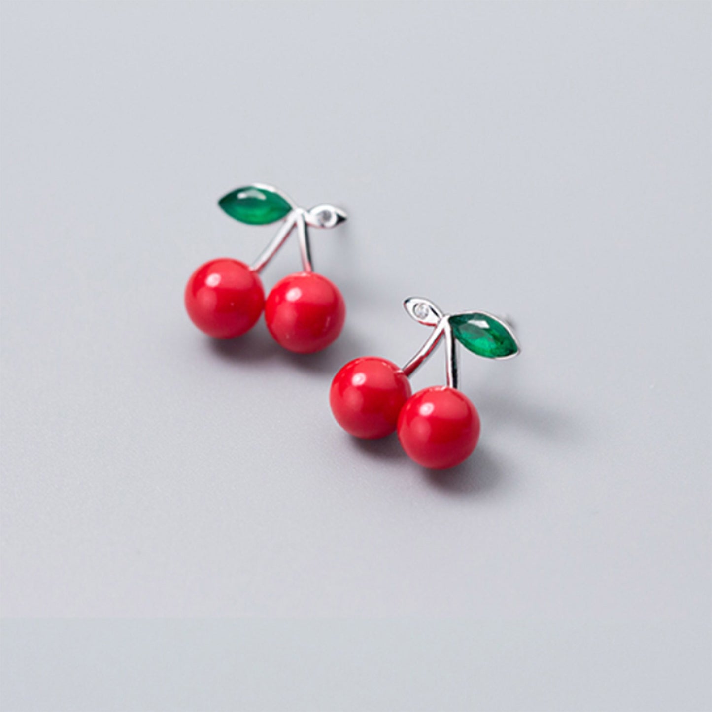 925 Sterling silver red cherry fruit earrings necklace faux pearl summer fruit cherry stud earrings green leaf silver double bunch