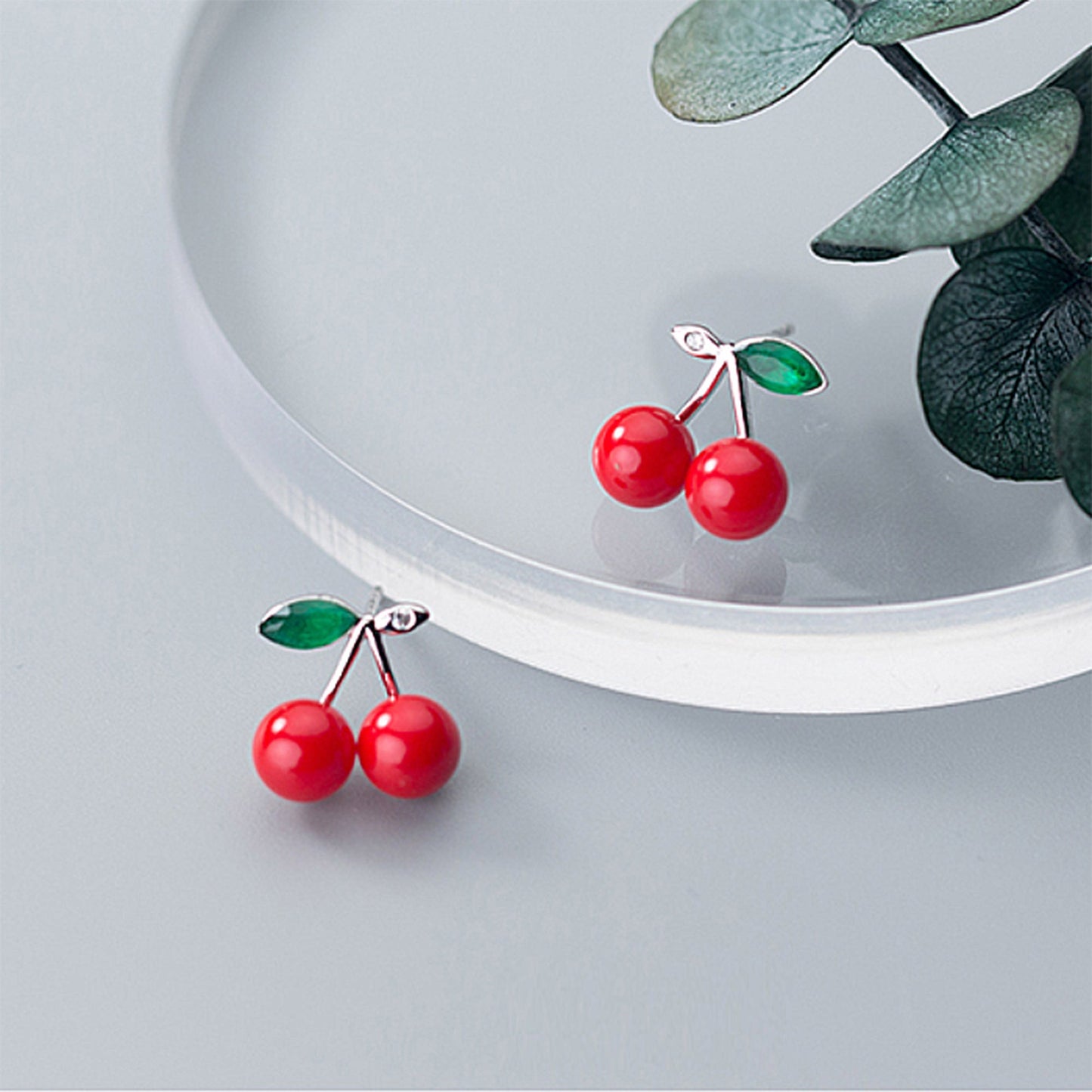 925 Sterling silver red cherry fruit earrings necklace faux pearl summer fruit cherry stud earrings green leaf silver double bunch