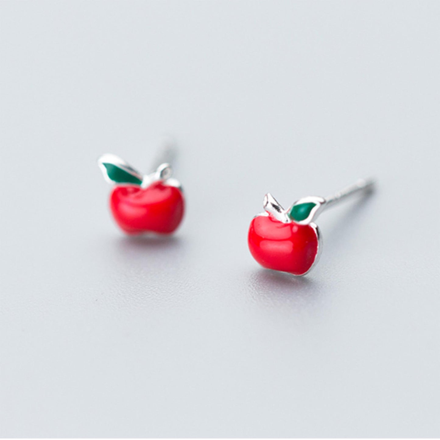 925 Sterling silver red apple fruit earrings necklace silver apple enamel stud earrings green leaf forbidden fruit